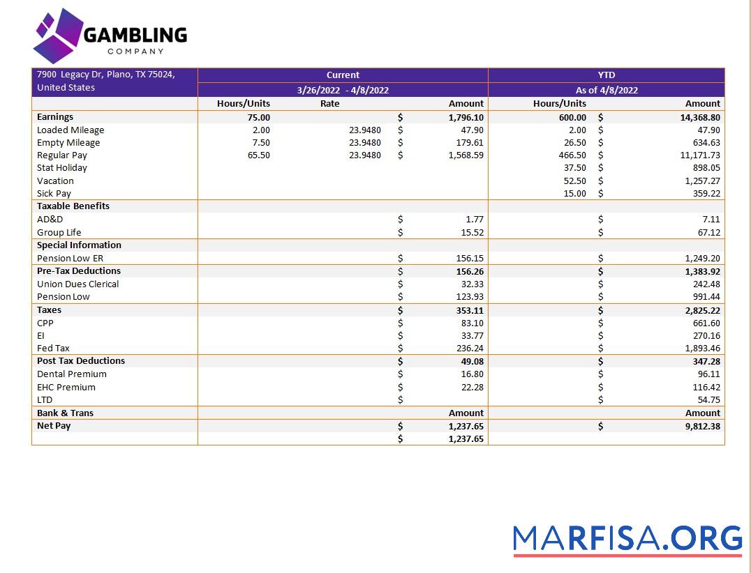 Blank Gambling company pay stub example